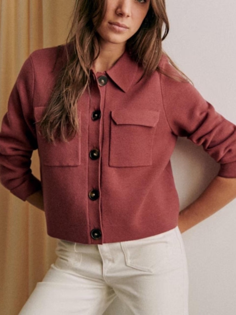 Le Maille Sezane Betty Cardigan in Rosewood Merino Wool Knit Sweater - Small